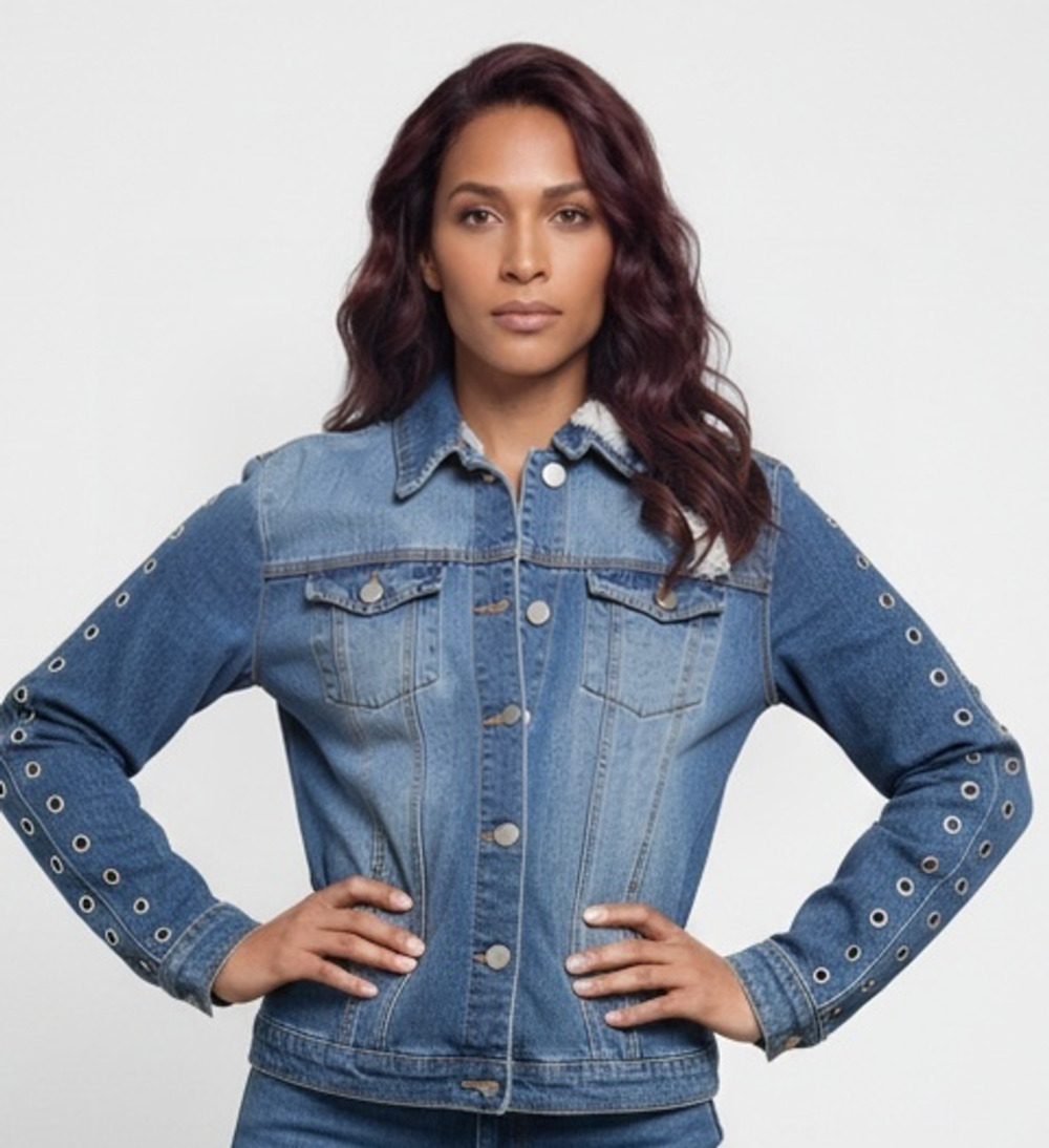 Ashley Mason Distressed Denim Jacket with Grommet Studded Sleeves Size XL